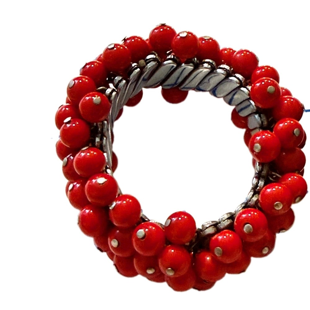 Vintage Cha-Cha Bead Bracelet Red Silver Statement Expansion